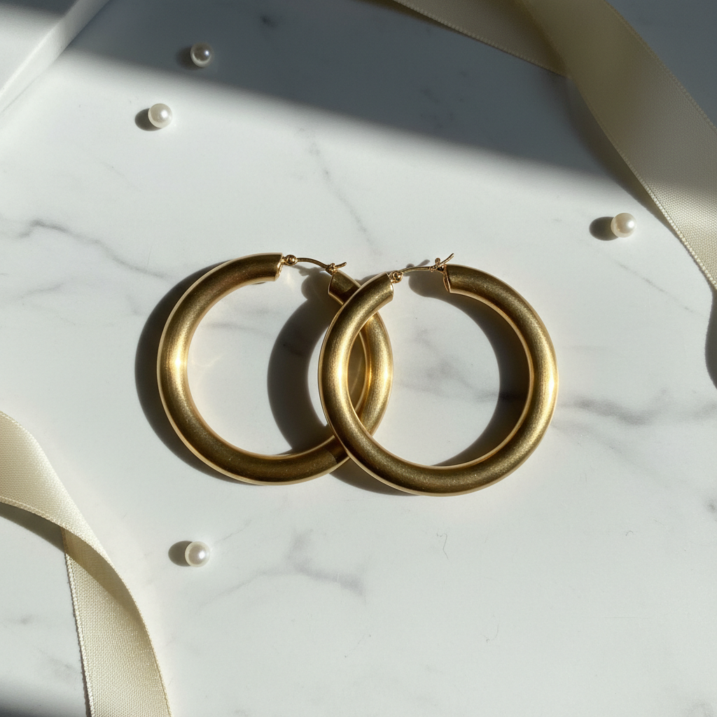 Luxury gold hoop earrings on white marble