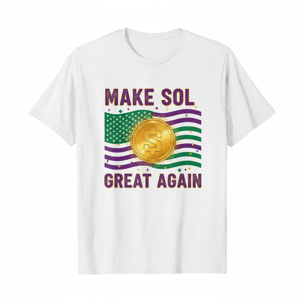 Make SOL Great Again white t-shirt with gold Solana logo purple accents