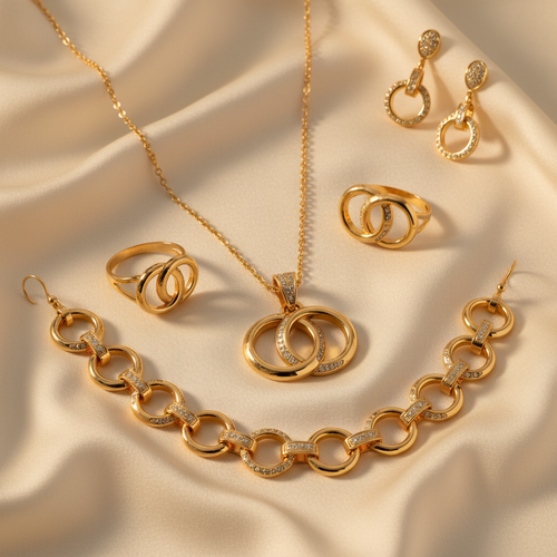 Luxury Italian-inspired gold jewelry set with interlocking pattern on cream silk