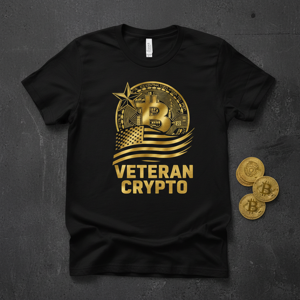Black t-shirt with gold Bitcoin logo and patriotic military design