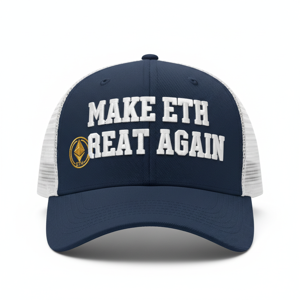 Make ETH Great Again navy blue trucker hat with gold Ethereum logo