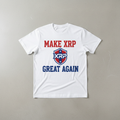 White Make XRP Great Again t-shirt with patriotic red white blue graphic and gold coin XRP logo