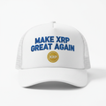 White Make XRP Great Again hat with blue text and gold coin XRP logo