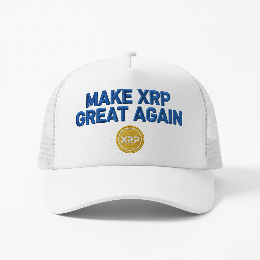 White Make XRP Great Again hat with blue text and gold coin XRP logo
