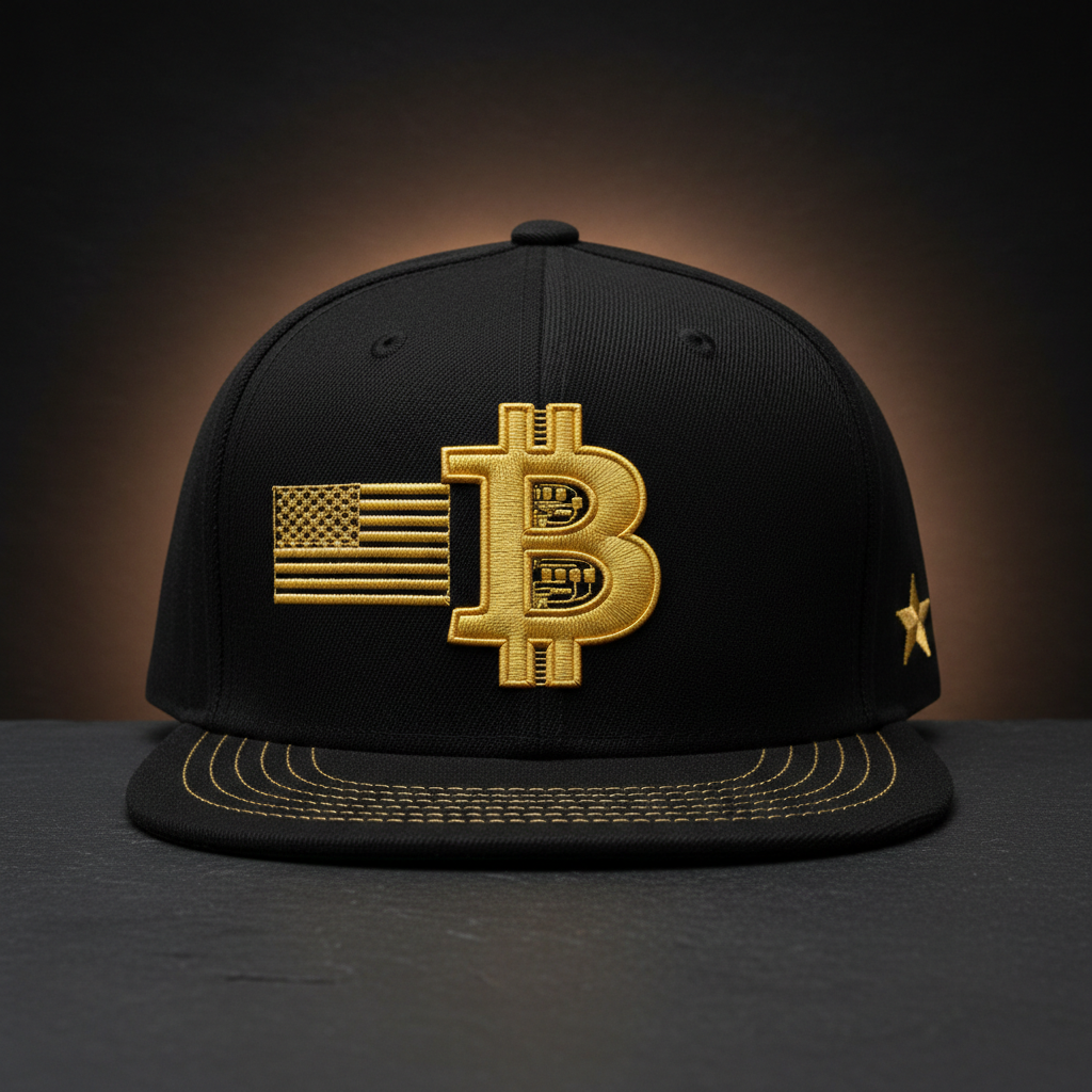 Black snapback hat with gold Bitcoin logo and patriotic military star detail