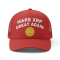 Red Make XRP Great Again hat with gold coin XRP logo