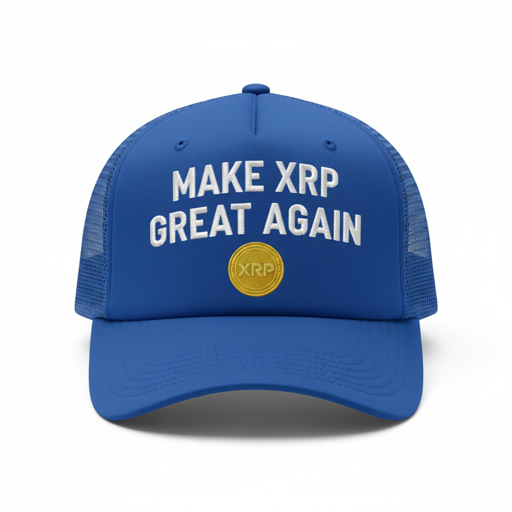 Blue Make XRP Great Again hat with gold coin XRP logo