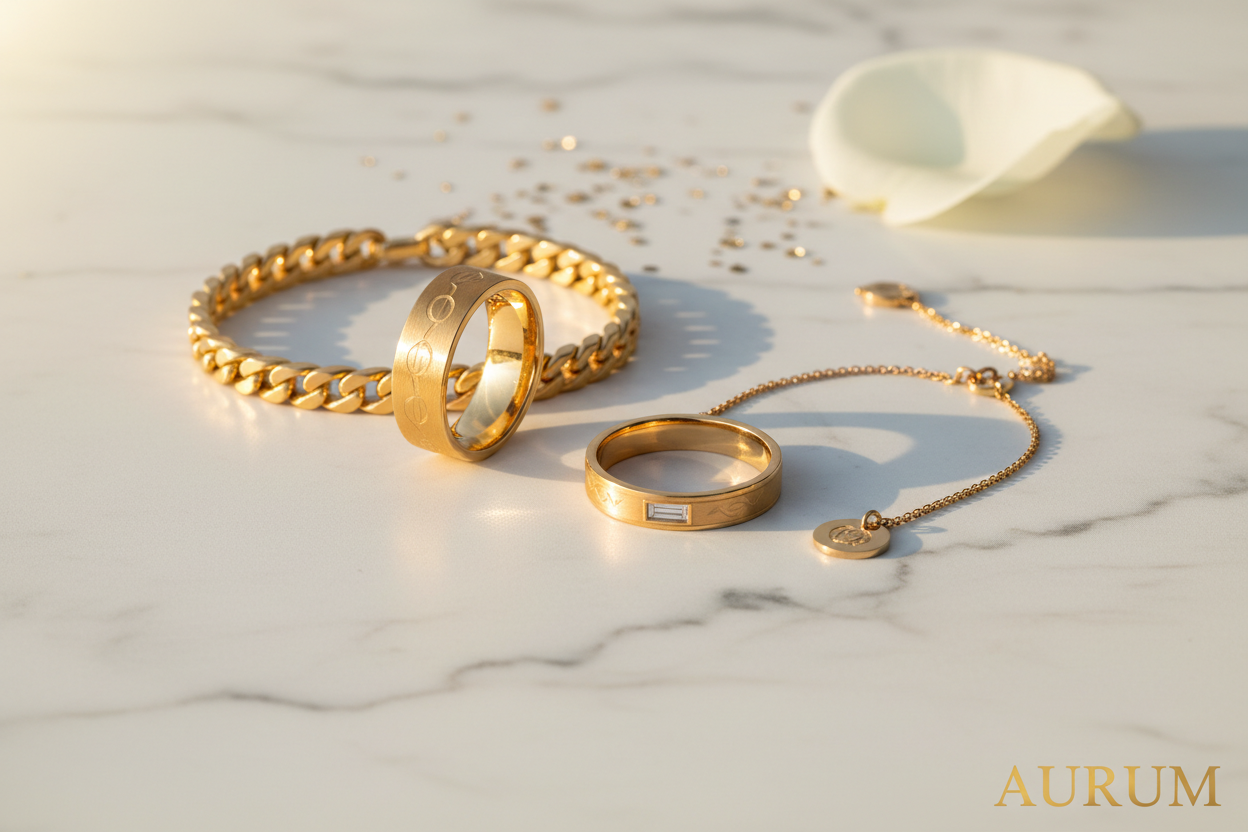 Matching his and hers gold couples jewelry set on marble