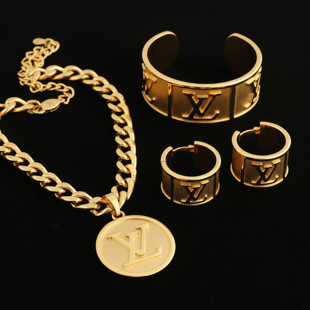 Luxury monogram gold jewelry set on black velvet