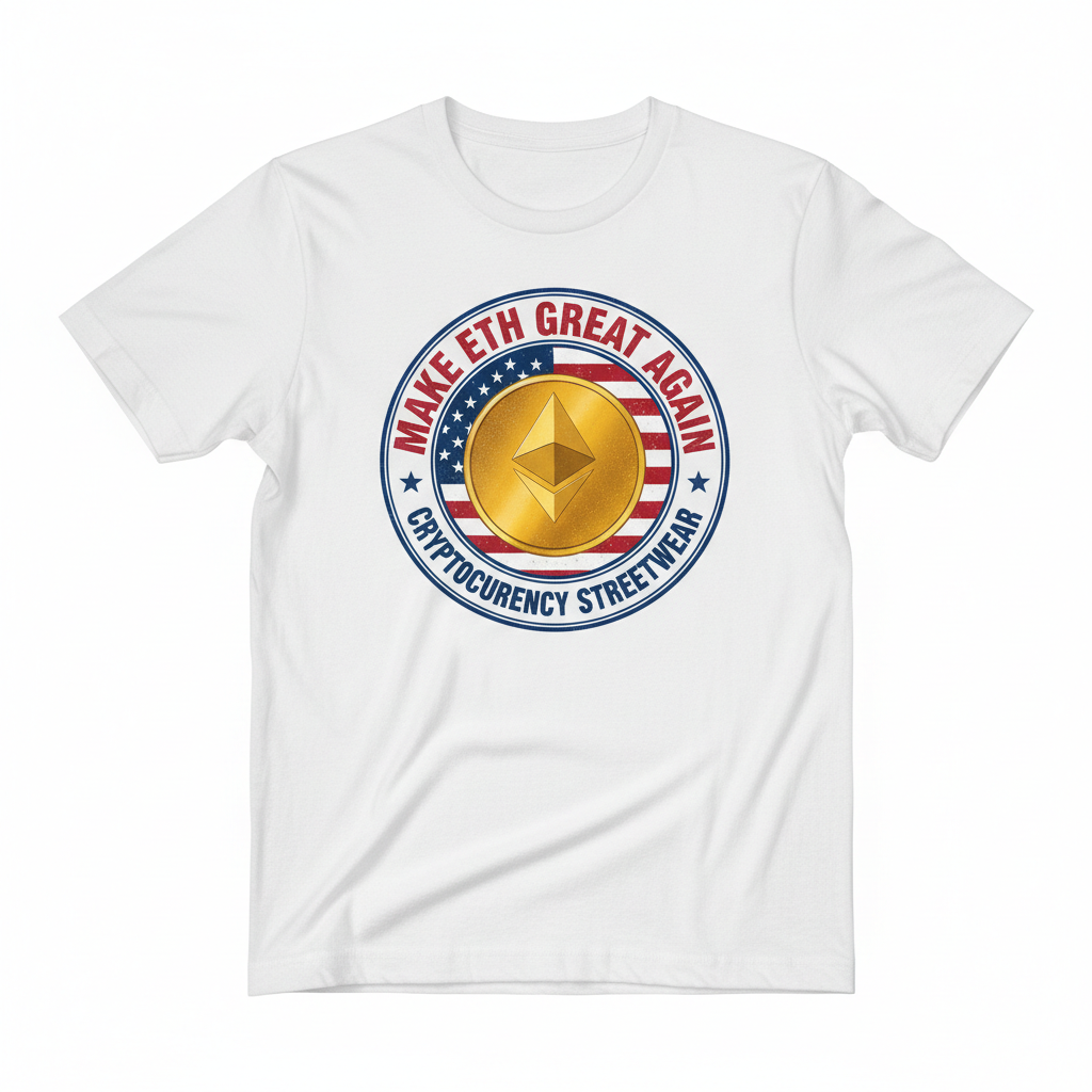 Make ETH Great Again white t-shirt with gold Ethereum logo