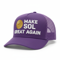 Make SOL Great Again purple trucker hat with gold Solana logo