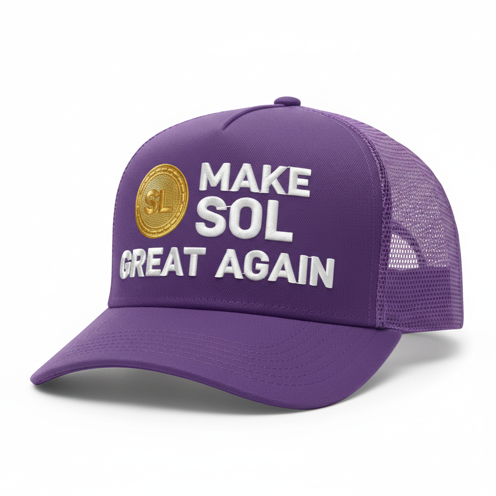 Make SOL Great Again purple trucker hat with gold Solana logo