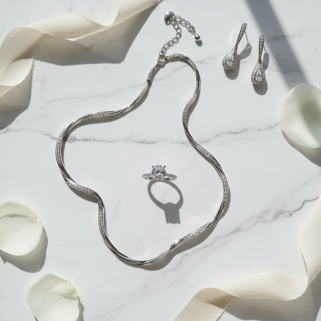 Luxury white gold jewelry set flat lay on white marble